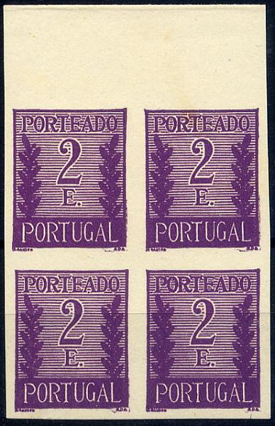 23Lis_1090.jpg -     Lote:    1090            Portugal       Descrição:         1940 &mdash; Porteado * Tipo "Algarismo ladeado de ramos". CE POR63, 2$00 lilás escuro. Quadra de provas não denteadas, bordo superior de folha, não gomadas, em papel médio branco. Não catalogadas por OM.        PRV       Valor Base:     &euro; 15,00     Valor Venda:     Retirado     