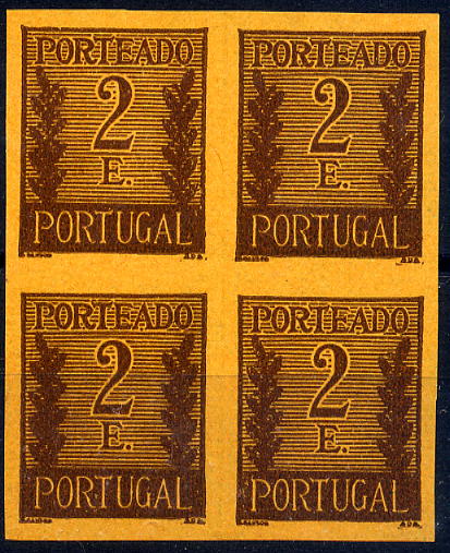 23Lis_1091.jpg -     Lote:    1091            Portugal       Descrição:         1940 &mdash; Porteado * Tipo "Algarismo ladeado de ramos". CE POR63, 2$00 castanho s/ salmão. Quadra de provas não denteadas, não gomadas, em papel médio. Não catalogadas por OM.        PRV       Valor Base:     &euro; 15,00     Valor Venda:     Retirado     