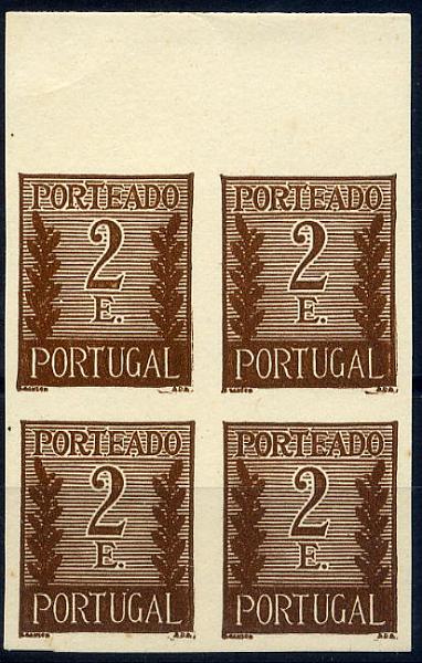 23Lis_1092.jpg -     Lote:    1092            Portugal       Descrição:         1940 &mdash; Porteado * Tipo "Algarismo ladeado de ramos". CE POR63, 2$00 castanho. Quadra de provas, bordo superior de folha, não gomadas, em papel médio branco. Não catalogadas por OM.        PRV       Valor Base:     &euro; 15,00     Valor Venda:     &euro; 15,00     