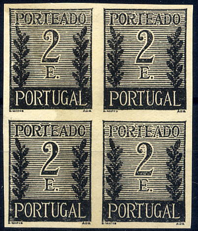 23Lis_1093.jpg -     Lote:    1093            Portugal       Descrição:         1940 &mdash; Porteado * Tipo "Algarismo ladeado de ramos". CE POR63, 2$00 preto. Quadra de prova não denteadas s, não gomadas, em papel médio branco. Não catalogadas por OM.        PRV       Valor Base:     &euro; 15,00     Valor Venda:     &euro; 15,00     