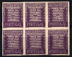 23Lis_1094.jpg -     Lote:    1094            Portugal       Descrição:         1940 &mdash; Porteado. Tipo "Algarismo ladeado de ramos". CE63, 2E lilás escuro. Bloco de 6 provas, não denteadas, na cor aprovada, em papel liso.        PRV       Valor Base:     &euro; 15,00     Valor Venda:     Retirado     