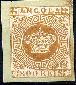 23Lis_1095.jpg -     Lote:    1095            Angola       Descrição:         1870/77 &mdash; Tipo Coroa. CE9, 300 reis castanho vermelho. Prova sobre papel colorido verde.         PRV       Valor Base:     &euro; 50,00     Valor Venda:     &euro; 50,00     