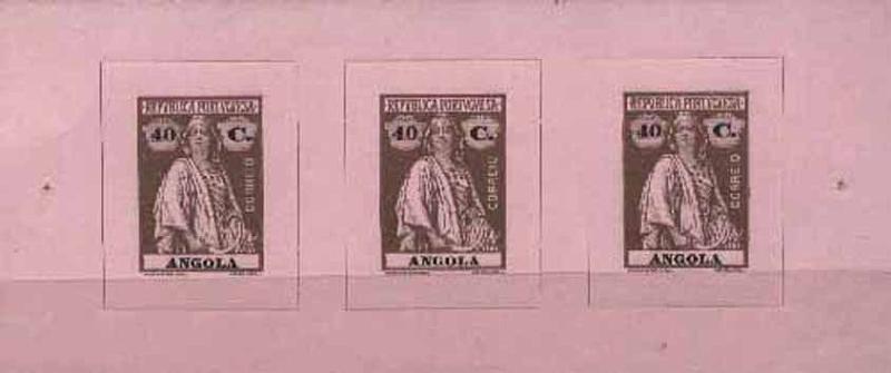23Lis_1096.jpg -     Lote:    1096            Angola       Descrição:         1914 &mdash; Ceres. Provas clandestinas. Tira horizontal de 3 provas do selo de 40c, castanho sobre rosa, em papel porcelana, não denteadas. MB e R.        PRV       Valor Base:     &euro; 15,00     Valor Venda:     &euro; 26,00     