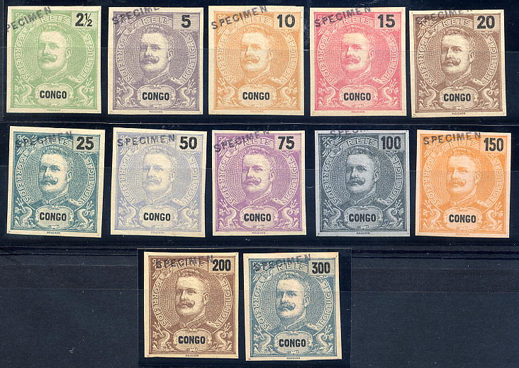 23Lis_1104.jpg -     Lote:    1104            Congo       Descrição:         1898/1901 &mdash; D. Carlos I, tipo Mouchon. Lote de 10 provas de cor não denteadas, com legenda e taxas de 2 &frac12;, 5, 10, 15, 20, 25, 50, 75, 100, 150, 200 e 300 reis, com as cores não aprovadas para cada uma das taxas. Sobrecarga a preto SPECIMEN. Conjunto muito raro.        PRV       Valor Base:     &euro; 400,00     Valor Venda:     Retirado     