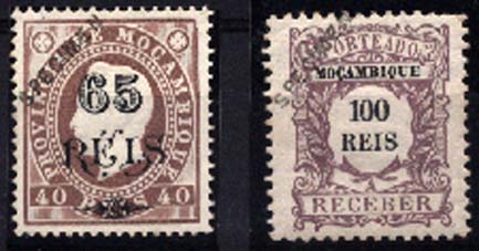 23Lis_1111.jpg -     Lote:    1111            Moçambique       Descrição:         1902/1904 &mdash; D. Luís I, fita direita, com sobretaxa + Porteado. Emissão regular. CE69, 65 reis s/ 40 reis castanho + CE POR7, 100 reis lilás castanho. Selos com sobrecarga "SPECIMEN" batida a preto, oblíqua no canto superior esquerdo.         PRV       Valor Base:     &euro; 15,00     Valor Venda:     &euro; 22,00     