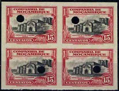 23Lis_1121.jpg -     Lote:    1121            Companhia de Moçambique       Descrição:         1937 &mdash; Motivos locais. CE175, 15c carmim e preto. Quadra de provas não denteadas, nas cores finais, com furos de segurança.        PRV       Valor Base:     &euro; 30,00     Valor Venda:     Retirado     
