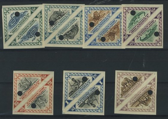 23Lis_1122.jpg -     Lote:    1122            Companhia de Moçambique       Descrição:         1937 &mdash; Motivos locais. Lote de 7 pares de provas, não denteadas, com furos de segurança, CE177/80, 184/85 e 187. B e R.        PRV       Valor Base:     &euro; 60,00     Valor Venda:     Retirado     