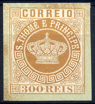 23Lis_1125.jpg -     Lote:    1125            S. Tomé e Príncipe       Descrição:         1870/77 &mdash; Tipo Coroa. CE9, 300 reis castanho vermelho. Prova sobre papel colorido verde.         PRV       Valor Base:     &euro; 50,00     Valor Venda:     Retirado     