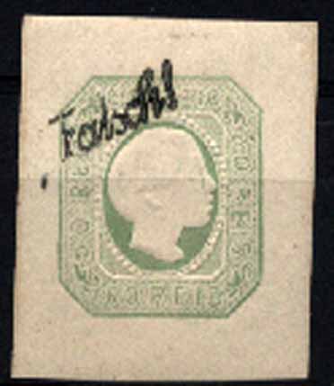 23Lis_1127.jpg -     Lote:    1127            Portugal       Descrição:         1855/56 &mdash; D. Pedro V. Cabelos lisos. CE8, 50 reis verde claro. Falso filatélico, com desenho e relevo muito toscos. Valor de catálogo &euro; 96,00.        *       Valor Base:     &euro; 40,00     Valor Venda:     Retirado     
