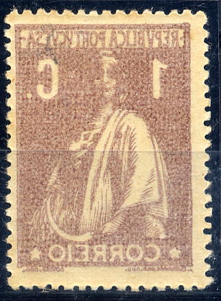 23Lis_1132.jpg -     Lote:    1132            Portugal       Descrição:         1917/20 &mdash; Ceres. Novas taxas e cores. CE221, 1 centavo castanho, denteado 15x14, papel pontinhado, com impressão no verso por contacto.        **       Valor Base:     &euro; 3,00     Valor Venda:     &euro; 3,00     