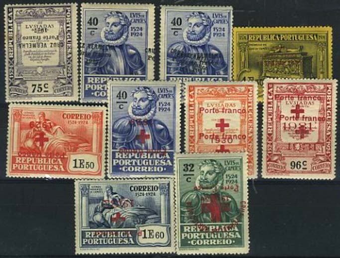 23Lis_1157.jpg -     Lote:    1157            Portugal       Descrição:         1927/36 &mdash; Porte Franco. Cruz Vermelha Portuguesa. 4.º Centenário do Nascimento de Luís de Camões com sobrecarga. Lote de 10 selos com erros de sobrecarga: CE5 (2) deslocada e dupla deslocadas, CE8 invertida, CE9 invertida, CE20 invertida, CE18 invertida, CE24 dupla, CE32 dupla, CE39 invertida e CE68 invertida.        ***       Valor Base:     &euro; 30,00     Valor Venda:     Retirado     