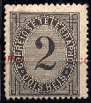 23Lis_1160.jpg -     Lote:    1160            Açores       Descrição:         1885 &mdash; Taxa de telegramas. Selos do Continente com sobrecarga "Açores" pequena. CE51, 2 reis preto, denteado 12 &frac12;, com a sobrecarga deslocada e impressa a vermelho.        **       Valor Base:     &euro; 10,00     Valor Venda:     Retirado     