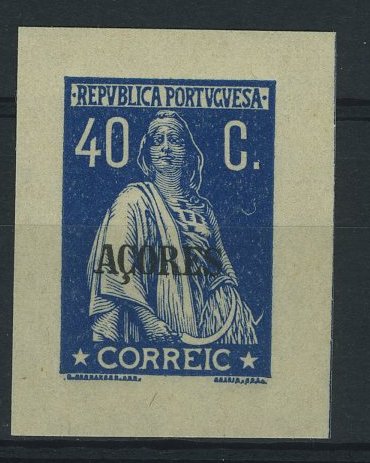23Lis_1163.jpg -     Lote:    1163            Açores       Descrição:         1923/24 &mdash; Ceres. Selos do Continente com sobrecarga "AÇORES". CE196, 40C azul escuro, não denteado, com a variedade CORREIC.        *       Valor Base:     &euro; 25,00     Valor Venda:     Retirado     