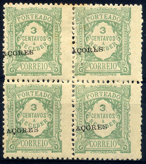 23Lis_1167.jpg -     Lote:    1167            Açores       Descrição:         1922/24 &mdash; Porteado. Emissão regular (tipo de 1904). Unicolor. Selos do Continente com sobrecarga AÇORES. CE POR25. 3c verde cinzento. Quadra com a sobrecarga deslocada.        **       Valor Base:     &euro; 8,00     Valor Venda:     Retirado     