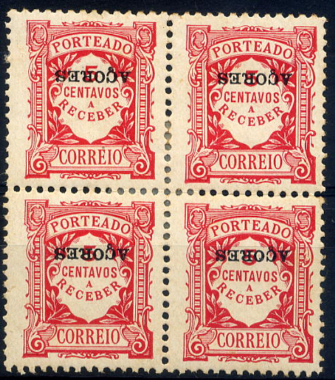 23Lis_1169.jpg -     Lote:    1169            Açores       Descrição:         1918 &mdash; Porteado. Emissão regular (tipo de 1904). Valor em centavos. Selos do Continente com sobrecarga AÇORES. CE POR20. 5c carmim rosa. Quadra com a sobrecarga invertida.        **       Valor Base:     &euro; 12,00     Valor Venda:     Retirado     