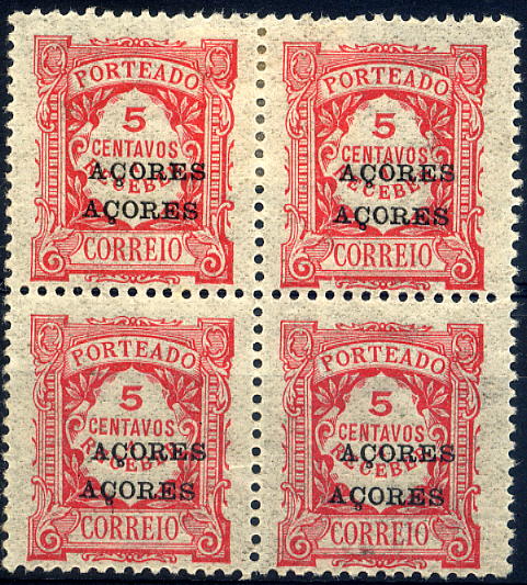 23Lis_1170.jpg -     Lote:    1170            Açores       Descrição:         1918 &mdash; Porteado. Emissão regular. Legenda "A Receber". Valor em centavos. Selos do Continente com sobrecarga "AÇORES". CE POR20, 5 centavos carmim, papel liso. Quadra com dupla sobrecarga.        **       Valor Base:     &euro; 5,00     Valor Venda:     &euro; 5,00     