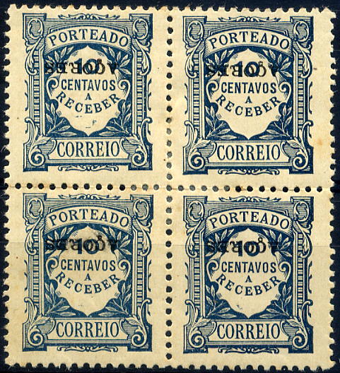 23Lis_1171.jpg -     Lote:    1171            Açores       Descrição:         1918 &mdash; Porteado. Emissão regular. Legenda "A Receber". Valor em centavos. Selos do Continente com sobrecarga "AÇORES". CE POR21, 10 centavos azul, papel liso. Quadra com a sobrecarga invertida.        **       Valor Base:     &euro; 5,00     Valor Venda:     &euro; 5,00     