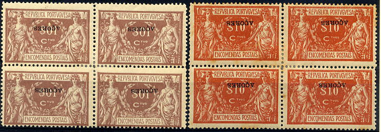 23Lis_1173.jpg -     Lote:    1173            Açores       Descrição:         1921/1923 &mdash; Encomendas Postais. Comércio e Indústria. Selos do Continente com sobrecarga "AÇORES". Lote de duas quadras de $01 castanho claro CE EP1 e $10 tijolo CE EP4 com a sobrecarga invertida.        **       Valor Base:     &euro; 10,00     Valor Venda:     &euro; 10,00     