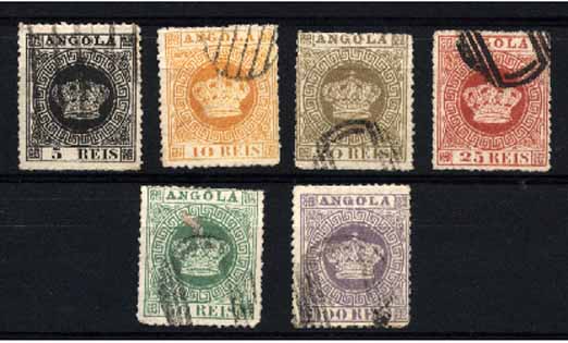 23Lis_1174.jpg -     Lote:    1174            Angola       Descrição:         1870 &mdash; Tipo Coroa. Falsos Spiros. Lote de 6 selos de 5, 10, 20, 25, 50 e 100 reis.        O       Valor Base:     &euro; 10,00     Valor Venda:     &euro; 10,00     