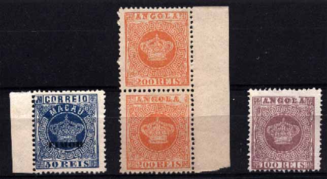 23Lis_1175.jpg -     Lote:    1175            Angola       Descrição:         1870/1886 &mdash; Tipo Coroa. Lote composto por: par vertical de 300 reis laranja, denteado 12 &frac12;, um selo com fenda de cunho + selo de 100 reis lilás também com fenda de cunho, todos de Angola CE8 e 9 + selo de Macau de 50 reis azul CE6, denteado 12 &frac12;, também com fenda de cunho.         *       Valor Base:     &euro; 5,00     Valor Venda:     &euro; 16,00     