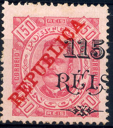 23Lis_1176.jpg -     Lote:    1176            Angola       Descrição:         1914 &mdash; D. Carlos I, tipo Diogo Neto. Selos de 1902 com sobrecarga "REPUBLICA" da Casa da Moeda. CE184, 115 s/ 150 reis carmim s/ rosa, denteado 13 &frac12;, papel porcelana. Selo com a sobretaxa deslocada.        *       Valor Base:     &euro; 5,00     Valor Venda:     &euro; 18,00     