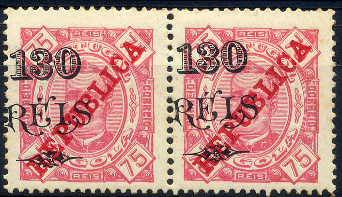 23Lis_1177.jpg -     Lote:    1177            Angola       Descrição:         1914 &mdash; D. Carlos I, tipo Diogo Neto. Selos de 1902 com sobrecarga "REPUBLICA" da Casa da Moeda. CE186, 130 s/ 75 reis carmim, denteado 13 &frac12;, papel pontinhado. Par horizontal com a sobretaxa deslocada.        **       Valor Base:     &euro; 15,00     Valor Venda:     &euro; 32,00     