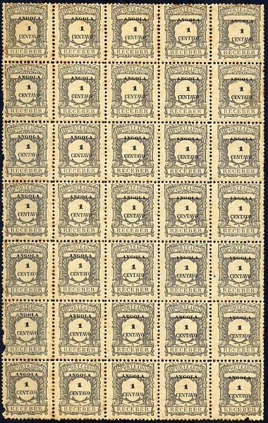 23Lis_1179.jpg -     Lote:    1179            Angola       Descrição:         1921 &mdash; Porteado. Emissão regular. Tipo de 1904, com valor em escudos. CE POR22, 1 centavo. Folha completa com deslocação acentuada da esquerda para a direita, da legenda "ANGOLA". Pontos de ferrugem no verso.         ***       Valor Base:     &euro; 10,00     Valor Venda:     &euro; 10,00     
