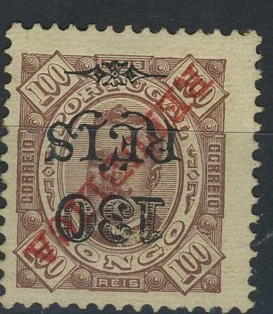 23Lis_1180.jpg -     Lote:    1180            Congo       Descrição:         1915 &mdash; D. Carlos I com sobretaxa (tipo 1902) e sobrecarga REPUBLICA da Casa da Moeda. CE129, 130 s/ 100 reis denteado 11 &frac12;, com a sobretaxa e sobrecargas invertidas. MR.        *       Valor Base:     &euro; 20,00     Valor Venda:     &euro; 12,00     