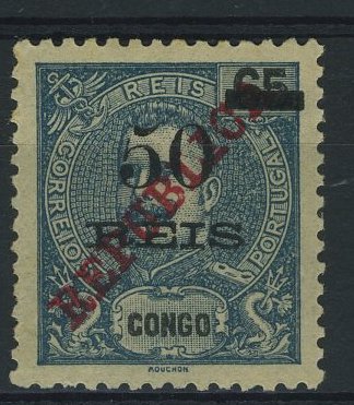 23Lis_1181.jpg -     Lote:    1181            Congo       Descrição:         1915 &mdash; D. Carlos I tipo Mouchon com sobrecarga REPUBLICA da Casa da Moeda. CE132. 50 s/ 65 reis azul. Variedade "5" fendido. Valor de catálogo &euro; 40,00.        **       Valor Base:     &euro; 5,00     Valor Venda:     &euro; 22,00     