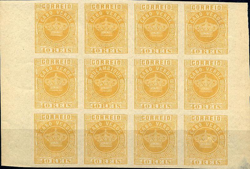 23Lis_1183.jpg -     Lote:    1183            Cabo Verde       Descrição:         1881/85 &mdash; Tipo Coroa. Novas cores. CE13, 40 reis amarelo. Bloco de 12 selos não denteados. Selo com erro Moçambique. Na chapa que imprimiu os selos de 40 reis, montou-se por engano um cunho de 40 reis de Moçambique, na 5.ª linha da 2.ª coluna. MB e MR.        ***       Valor Base:     &euro; 250,00     Valor Venda:     Retirado     