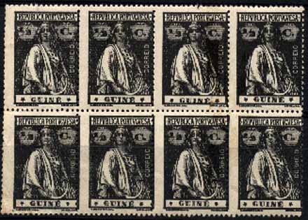 23Lis_1184.jpg -     Lote:    1184            Guiné       Descrição:         1914/22 &mdash; Ceres. CE144, &frac12; c preto, denteado 15x14, papel liso. Bloco horizontal de 8 selos (4x2) com o denteado deslocado.        ***       Valor Base:     &euro; 4,00     Valor Venda:     &euro; 4,00     
