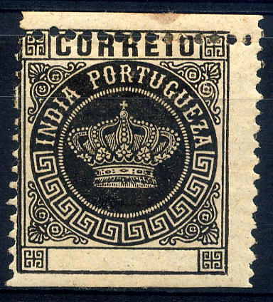 23Lis_1187.jpg -     Lote:    1187            Índia       Descrição:         1882 &mdash; Tipo Coroa. Valores em moeda local. CE115, 1 &frac12; reis preto. Selo com denteado deslocado e sem impressão da taxa. MB e R.        **       Valor Base:     &euro; 10,00     Valor Venda:     &euro; 10,00     