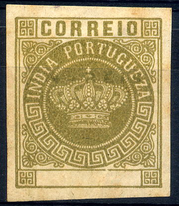 23Lis_1188.jpg -     Lote:    1188            Índia       Descrição:         1882 &mdash; Tipo Coroa. Valores em moeda local. Prova de cor (bistre esverdeado) em papel liso, não denteada e sem impressão da taxa. R        PRV       Valor Base:     &euro; 10,00     Valor Venda:     &euro; 10,00     
