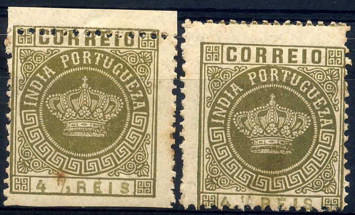 23Lis_1189.jpg -     Lote:    1189            Índia       Descrição:         1882 &mdash; Tipo Coroa. Valores em moeda local. CE116, 4 &frac12; reis bistre esverdeado, tipo I, denteado 12 &frac12;. Lote de dois selos com o denteado deslocado. Alguns pontos de óxido no verso.        **       Valor Base:     &euro; 10,00     Valor Venda:     &euro; 10,00     