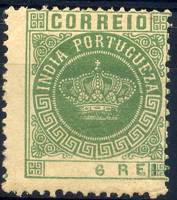 23Lis_1190.jpg -     Lote:    1190            Índia       Descrição:         1882 &mdash; Tipo Coroa. Valores em moeda local. CE117, 6 reis verde. Selo com denteado deslocado e impressão da taxa também muito deslocada. MB e R.        **       Valor Base:     &euro; 12,00     Valor Venda:     &euro; 12,00     
