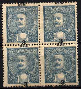23Lis_1192.jpg -     Lote:    1192            Índia       Descrição:         1903 &mdash; D. Carlos I, tipo Mouchon. CE189, 3 reis azul. Quadra, com deslocação acentuada da taxa. MB e R.        *       Valor Base:     &euro; 15,00     Valor Venda:     &euro; 26,00     