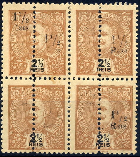 23Lis_1197.jpg -     Lote:    1197            Índia       Descrição:         1911 &mdash; D. Carlos I tipo Mouchon de 1903, perfurados a meio com sobretaxa. CE 233, 1 s/ 2 &frac12; reis castanho amarelo, sobrecarga A. Quadra com falta parcial da impressão da sobretaxa. B e R.        *       Valor Base:     &euro; 10,00     Valor Venda:     &euro; 18,00     