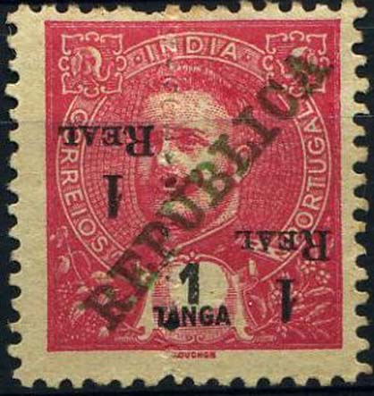 23Lis_1201.jpg -     Lote:    1201            Índia       Descrição:         1911/13 &mdash; D. Carlos I, com sobretaxa, perfurados ao meio e sobrecarga REPUBLICA da Casa da Moeda. CE241, 1real s/ 1 Tanga, carmim. Sobretaxa invertida.         *       Valor Base:     &euro; 8,00     Valor Venda:     Retirado     