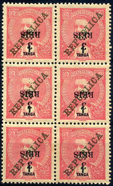 23Lis_1202.jpg -     Lote:    1202            Índia       Descrição:         1914 &mdash; D. Carlos I, tipo Mouchon, com REPUBLICA e sobretaxa. CE298, 3 reis s/ 1 Tanga rosa. Bloco vertical de 6 selos com a sobretaxa invertida. MB e R.        ***       Valor Base:     &euro; 20,00     Valor Venda:     &euro; 36,00     