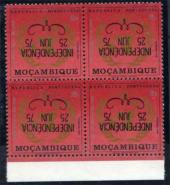23Lis_1212.jpg -     Lote:    1212            Moçambique       Descrição:         1975 &mdash; Independência. Selos da OMI-OMM com sobrecarga "INDEPENDÊNCIA / 25 JUN / 75". 2$00 policromo. Quadra com a sobrecarga invertida.        ***       Valor Base:     &euro; 10,00     Valor Venda:     Retirado     
