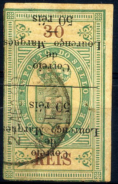 23Lis_1220.jpg -     Lote:    1220            Lourenço Marques       Descrição:         1899 &mdash; Selos fiscais de Moçambique, com sobrecarga e sobretaxa. CE49, 50 reis s/ 30 reis, verde e amarelo. Selo completo com sobrecarga invertida. Valor de catálogo &euro; 18,00.        O       Valor Base:     &euro; 8,00     Valor Venda:     &euro; 20,00     