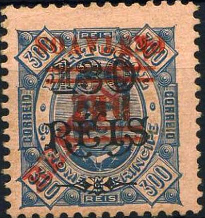 23Lis_1226.jpg -     Lote:    1226            S.Tomé e Príncipe       Descrição:         1923 &mdash; D. Carlos, com sobretaxa. CE265 (224), 10c s/ 130 reis s/ 300 reis, azul sobre laranja. Selo com a sobretaxa invertida. Valor de catálogo &euro; 10,00.        *       Valor Base:     &euro; 5,00     Valor Venda:     &euro; 12,00     