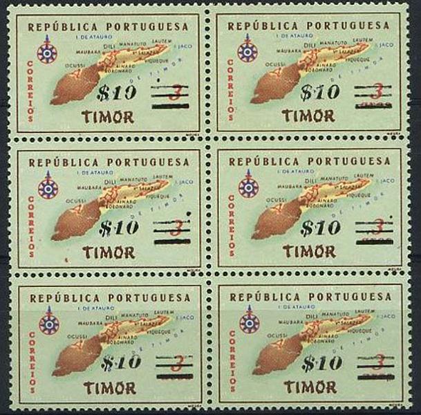 23Lis_1228.jpg -     Lote:    1228            Timor       Descrição:         1960 &mdash; Carta Geográfica de Timor, com sobretaxa. CE306, $10 s/ 3 avos. Bloco de 6 selos com diversos defeitos de impressão na sobretaxa.        ***       Valor Base:     &euro; 6,00     Valor Venda:     Retirado     