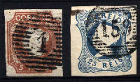 23Lis_1231.jpg -     Lote:    1231            Portugal       Descrição:         1853 &mdash; D. Maria II. CE1 e CE2. Lote de dois selos. Um de 5 reis castanho vermelho, cunho I, com margens curtas, e outro de 25 reis azul, cunho II, com margens largas. Valor de catálogo &euro; 1.533,30.        O       Valor Base:     &euro; 80,00     Valor Venda:     &euro; 170,00     
