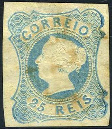 23Lis_1232.jpg -     Lote:    1232            Portugal       Descrição:         1853 &mdash; D. Maria II. CE2, 25 reis azul esverdeado, cunho I, com margens normais e manchas de ferrugem. Valor de catálogo &euro; 2.800,00.        *       Valor Base:     &euro; 120,00     Valor Venda:     Retirado     