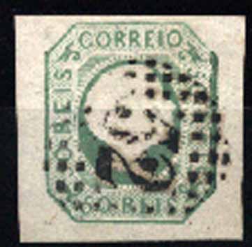 23Lis_1241.jpg -     Lote:    1241            Portugal       Descrição:         1855/56 &mdash; D. Pedro V, cabelos lisos. CE8, 50 reis verde amarelo. Três margens largas e uma curta, obliterado com carimbo numérico de pontos da 1.ª reforma 52 &mdash; Porto. Valor de catálogo &euro; 118,00.        O       Valor Base:     &euro; 20,00     Valor Venda:     &euro; 20,00     