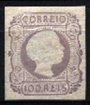 23Lis_1243.jpg -     Lote:    1243            Portugal       Descrição:         1855/56 &mdash; D. Pedro V, cabelos lisos. CE9, 100 reis lilás, com margens normais. Valor de catálogo &euro; 1.370,00.        RG **       Valor Base:     &euro; 300,00     Valor Venda:     Retirado     