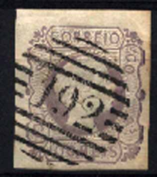 23Lis_1244.jpg -     Lote:    1244            Portugal       Descrição:         1855/56 &mdash; D. Pedro V, cabelos lisos. CE9, 100 reis lilás, com margens normais. Valor de catálogo &euro; 163,00.        **       Valor Base:     &euro; 30,00     Valor Venda:     Retirado     