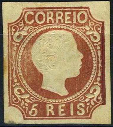 23Lis_1247.jpg -     Lote:    1247            Portugal       Descrição:         1856/58 &mdash; D. Pedro V, cabelos anelados. CE19, 5 reis castanho rosado, cunho II, com margens normais, ligeiros pontos de ferrugem. Valor de catálogo &euro; 741,00.        *       Valor Base:     &euro; 40,00     Valor Venda:     &euro; 40,00     