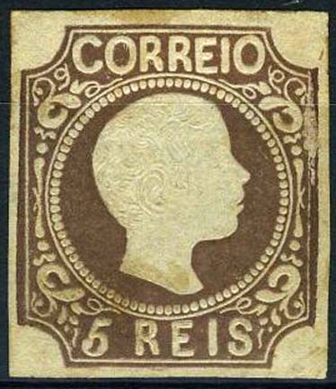 23Lis_1248.jpg -     Lote:    1248            Portugal       Descrição:         1856/58 &mdash; D. Pedro V. cabelos anelados. CE10, 5 reis castanho, cunho X, com margens curtas. Valor de catálogo &euro; 858,00.        *       Valor Base:     &euro; 50,00     Valor Venda:     &euro; 70,00     